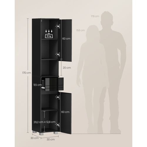 Colonne De Salle De Bain, Avec Tiroir, Étagères Réglables, Compartiments, 30 X 30 X 170 Cm, Noir