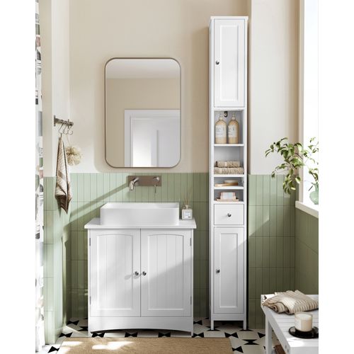 Colonne De Salle De Bain Haute, Avec Étagères Réglables, Tiroir, Compartiments Ouverts, Blanc