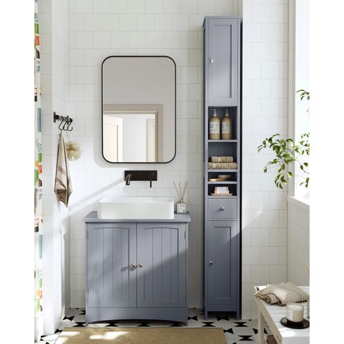 Colonne De Salle De Bain Haute, Avec Étagères Réglables, Tiroir, Compartiments Ouverts, Gris