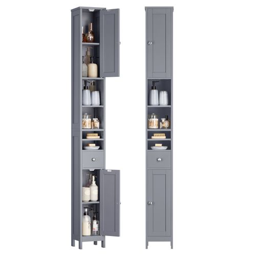 Colonne De Salle De Bain Haute, Avec Étagères Réglables, Tiroir, Compartiments Ouverts, Gris