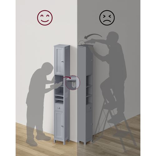 Colonne De Salle De Bain Haute, Avec Étagères Réglables, Tiroir, Compartiments Ouverts, Gris