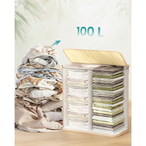 Panier à Linge 100 L, 2 Compartiments, Couvercle, Sac Amovible Lavable En Machine, Couleur Boisée