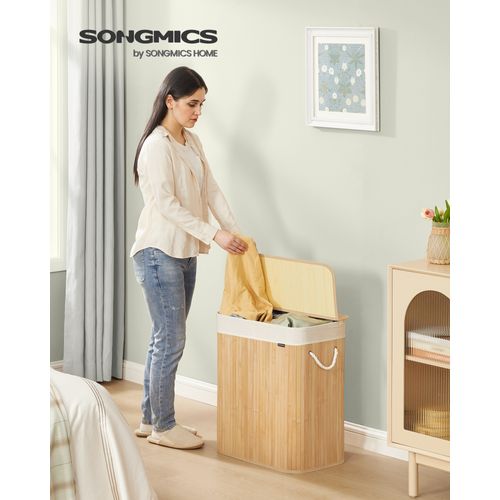 Panier à Linge 100 L, 2 Compartiments, Couvercle, Sac Amovible Lavable En Machine, Couleur Boisée