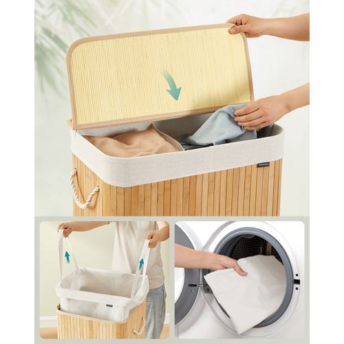 Panier à Linge 100 L, 2 Compartiments, Couvercle, Sac Amovible Lavable En Machine, Couleur Boisée