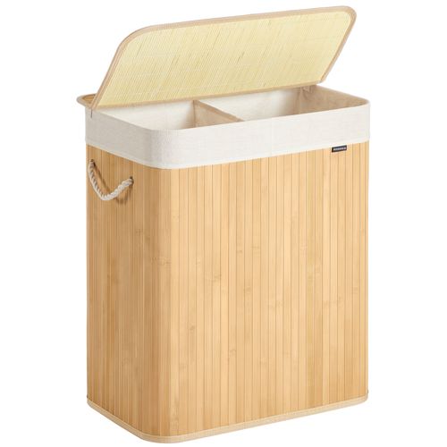 Panier à Linge 100 L, 2 Compartiments, Couvercle, Sac Amovible Lavable En Machine, Couleur Boisée