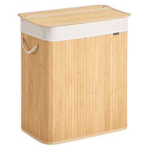 Panier à Linge 100 L, 2 Compartiments, Couvercle, Sac Amovible Lavable En Machine, Couleur Boisée