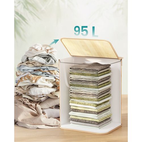 Panier à Linge 95 L, Couvercle, En Bambou, Pliable, Sac Amovible Lavable En Machine, Couleur Boisée