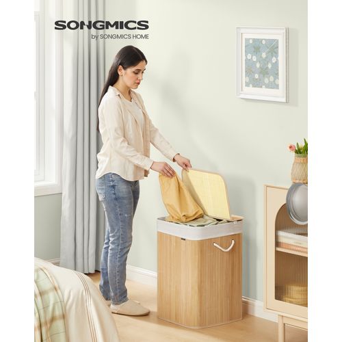 Panier à Linge 95 L, Couvercle, En Bambou, Pliable, Sac Amovible Lavable En Machine, Couleur Boisée