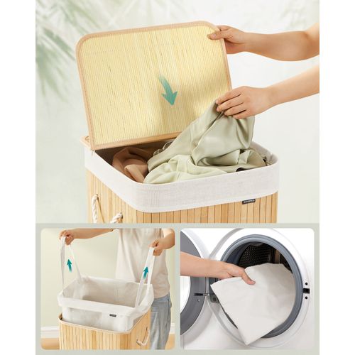 Panier à Linge 95 L, Couvercle, En Bambou, Pliable, Sac Amovible Lavable En Machine, Couleur Boisée