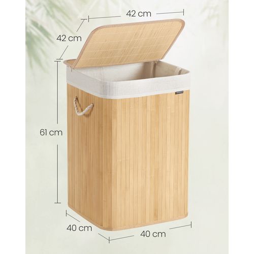 Panier à Linge 95 L, Couvercle, En Bambou, Pliable, Sac Amovible Lavable En Machine, Couleur Boisée