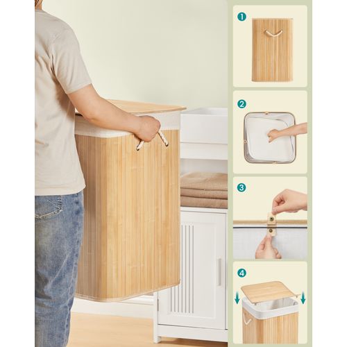 Panier à Linge 95 L, Couvercle, En Bambou, Pliable, Sac Amovible Lavable En Machine, Couleur Boisée