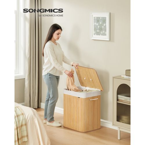 Panier à Linge Avec Couvercle, 120 L, Pliable, Sac Amovible Et Lavable En Machine, Naturel