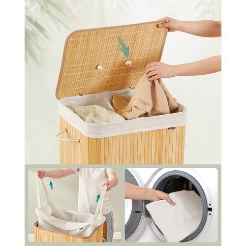 Panier à Linge Avec Couvercle, 120 L, Pliable, Sac Amovible Et Lavable En Machine, Naturel