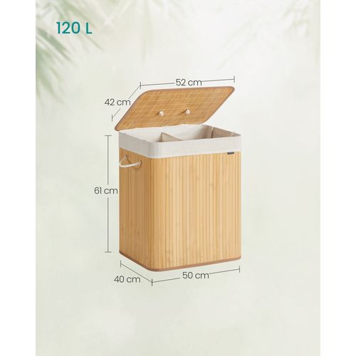 Panier à Linge Avec Couvercle, 120 L, Pliable, Sac Amovible Et Lavable En Machine, Naturel