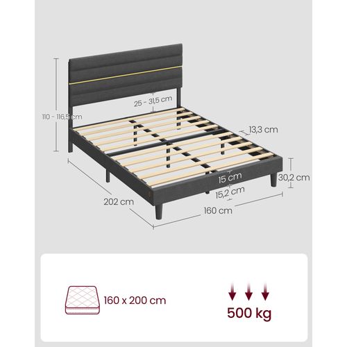 Lit Double Adulte, 160 X 200 Cm, Gris