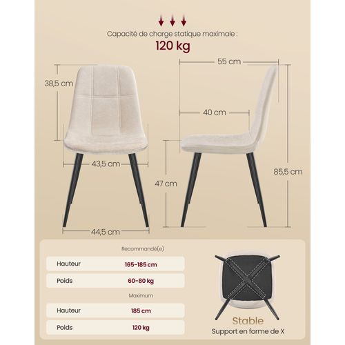 Chaises De Salle à Manger, Lot De 4, Pieds Réglables, Tissu Chenille, Pu Texturé Glacé, Blanc Crème