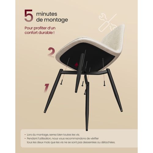 Chaises De Salle à Manger, Lot De 4, Pieds Réglables, Tissu Chenille, Pu Texturé Glacé, Blanc Crème