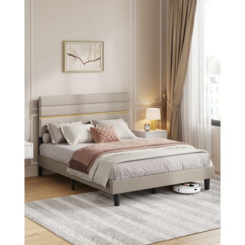 Lit Double, Convient Pour Un Matelas De 140 X 190 Cm, Tête De Lit Rembourrée Ajustable, Beige