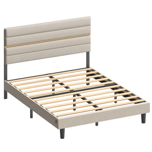 Lit Double, Convient Pour Un Matelas De 140 X 190 Cm, Tête De Lit Rembourrée Ajustable, Beige