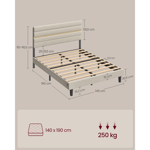 Lit Double, Convient Pour Un Matelas De 140 X 190 Cm, Tête De Lit Rembourrée Ajustable, Beige