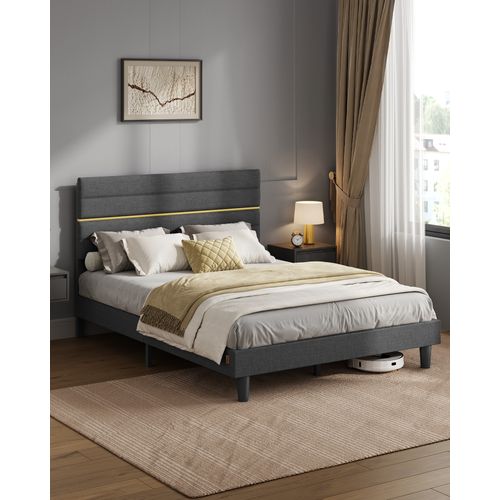 Lit Double, Convient Pour Un Matelas De 140 X 190 Cm, Tête De Lit Rembourrée Ajustable, Gris