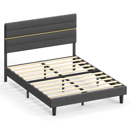 Lit Double, Convient Pour Un Matelas De 140 X 190 Cm, Tête De Lit Rembourrée Ajustable, Gris