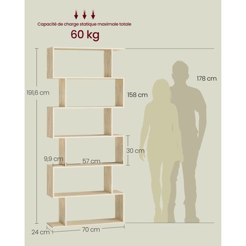Bibliothèque, Étagère à 6 Niveaux, 24 X 70 X 191.6 Cm, Cloison Séparateur, Beige Naturel