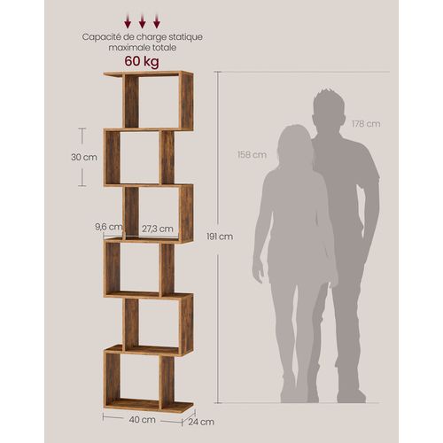 Bibliothèque à 6 Niveaux, 24 X 40 X 191 Cm, Cloison Séparateur, Moderne, Marron Rustique