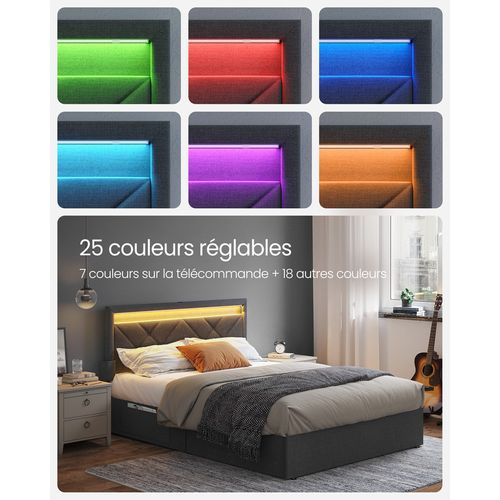 Lit Double 140x200 Avec Rangements, LED Et Prise USB - Gris | Cadre Métal, Tête De Lit Capitonnée Et Tiroirs Intégrés