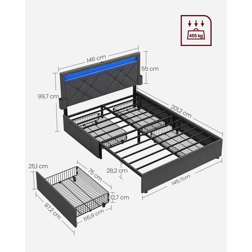 Lit Double, 140 X 190 Cm, Avec LED, En Métal, 4 Tiroirs, Multiprise, Tête