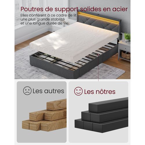 Lit Double, 140 X 190 Cm, Avec LED, En Métal, 4 Tiroirs, Multiprise, Tête