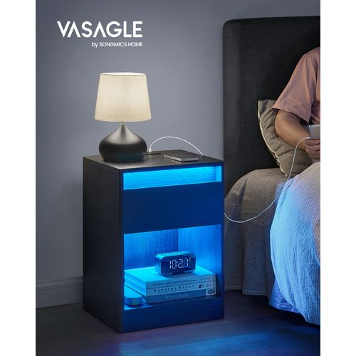 Lot De 2 Table De Nuit Avec Multiprise, Lumières LED Réglables, 2 Prises Électriques, Noir Cendré