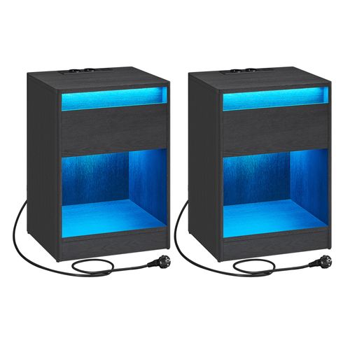 Lot De 2 Table De Nuit Avec Multiprise, Lumières LED Réglables, 2 Prises Électriques, Noir Cendré