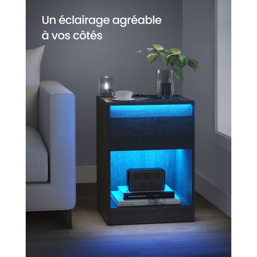Lot De 2 Table De Nuit Avec Multiprise, Lumières LED Réglables, 2 Prises Électriques, Noir Cendré