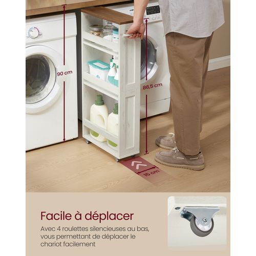 Chariot De Rangement Fin à 4 Niveaux, Avec Roulettes, 15 X 43,2 X 86,5 Cm, Blanc Et Marron