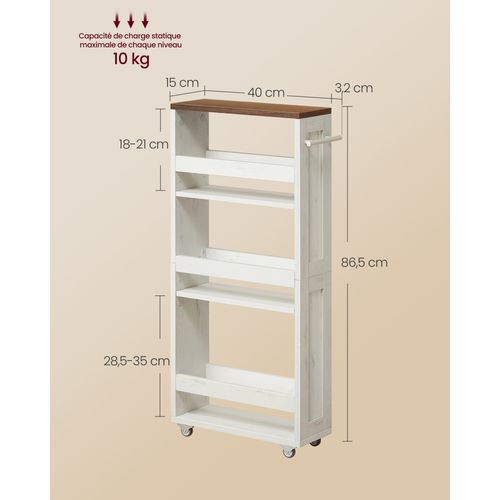 Chariot De Rangement Fin à 4 Niveaux, Avec Roulettes, 15 X 43,2 X 86,5 Cm, Blanc Et Marron