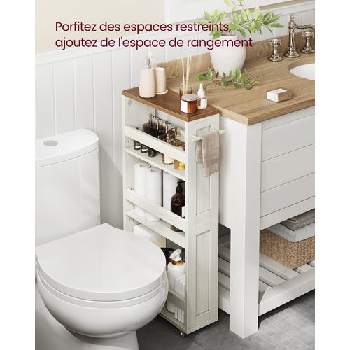 Chariot De Rangement Fin à 4 Niveaux, Avec Roulettes, 15 X 43,2 X 86,5 Cm, Blanc Et Marron