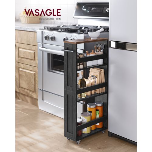 Chariot De Rangement Fin à 4 Niveaux, Avec Roulettes, 15 X 43,2 X 86,5 Cm, Noir Et Marron