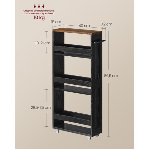 Chariot De Rangement Fin à 4 Niveaux, Avec Roulettes, 15 X 43,2 X 86,5 Cm, Noir Et Marron