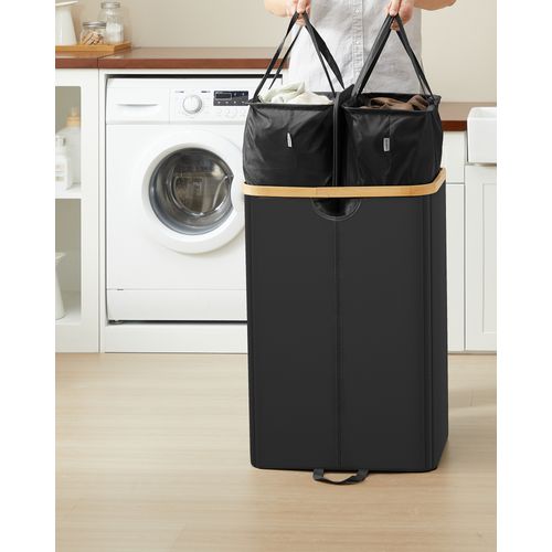 Panier à Linge à 2 Compartiments, 150 Litres, Avec Couvercle, Sacs Amovibles, Noir Et Beige Naturel
