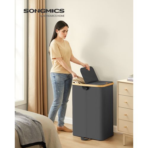 Panier à Linge à 2 Compartiments, 150 Litres, Avec Couvercle, Sacs Amovibles, Noir Et Beige Naturel