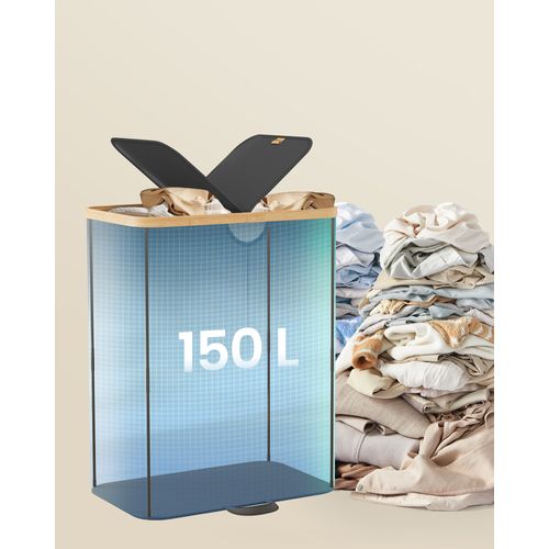 Panier à Linge à 2 Compartiments, 150 Litres, Avec Couvercle, Sacs Amovibles, Noir Et Beige Naturel