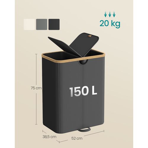 Panier à Linge à 2 Compartiments, 150 Litres, Avec Couvercle, Sacs Amovibles, Noir Et Beige Naturel