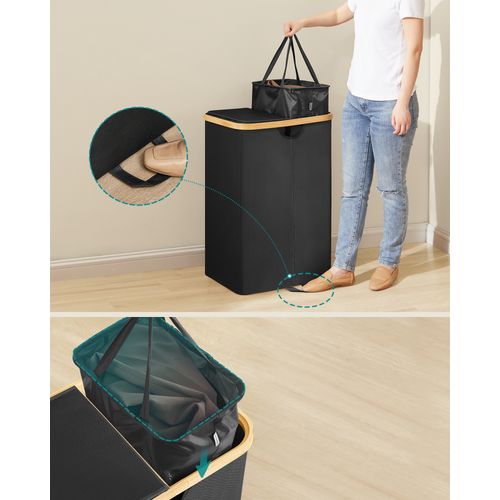 Panier à Linge à 2 Compartiments, 150 Litres, Avec Couvercle, Sacs Amovibles, Noir Et Beige Naturel