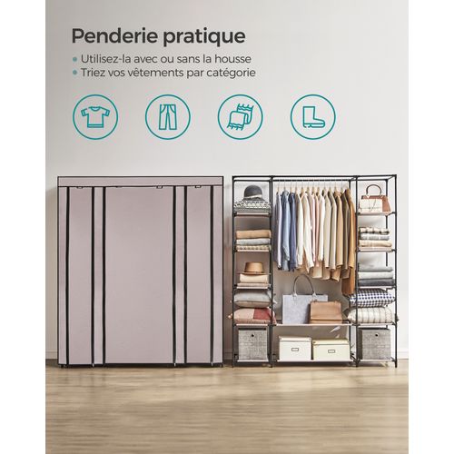 Armoire En Tissu Portable, 45 X 150 X 175 Cm, 12 Compartiments, Structure En Métal, Rose Poussiéreux