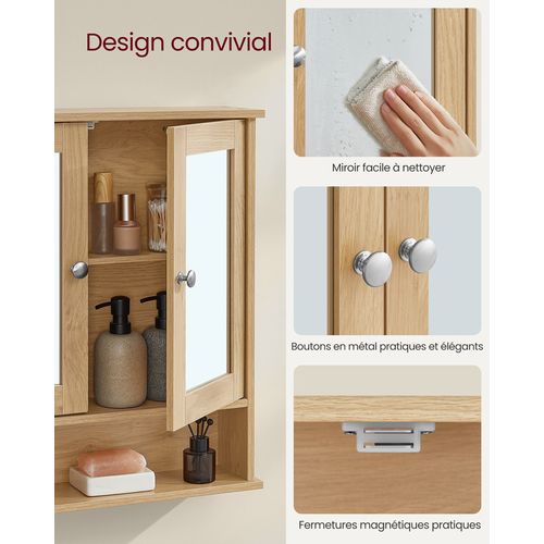 Armoire Murale, Meuble Salle De Bain, Armoire Suspendue, 2 Portes-miroir Et Compartiment Ouvert