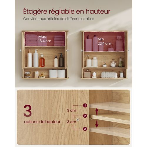 Armoire Murale, Meuble Salle De Bain, Armoire Suspendue, 2 Portes-miroir Et Compartiment Ouvert