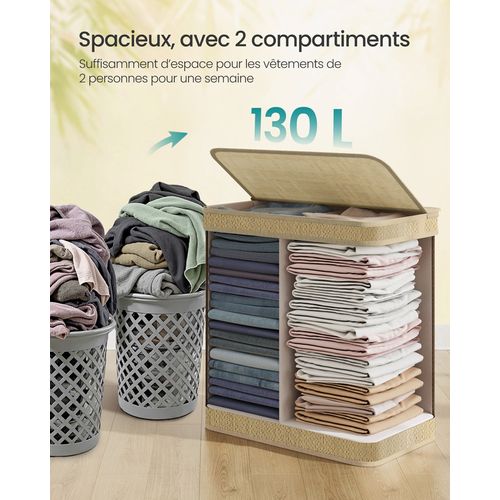 Panier à Linge En Bambou 2 Compartiments, 130 Litres, Sac Amovible Et Lavable En Machine