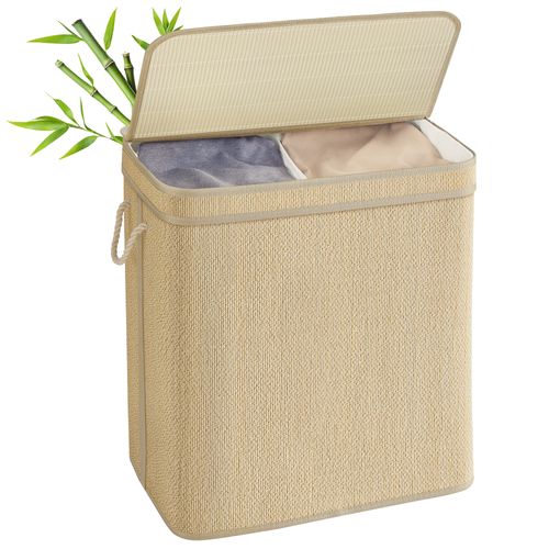 Panier à Linge En Bambou 2 Compartiments, 130 Litres, Sac Amovible Et Lavable En Machine