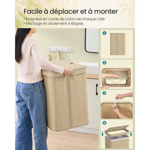 Panier à Linge En Bambou 2 Compartiments, 130 Litres, Sac Amovible Et Lavable En Machine